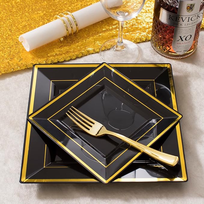 WDF 125Pieces Black Square Plastic Plates with Gold Rim Gold Disposable Silverware - include 25Pcs Dinner Plates,25Pcs Dessert Plates,25 Forks, 25 Knives, 25 Spoons for Halloween