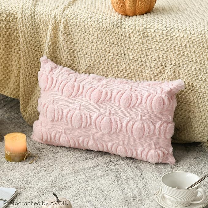 AVOIN colorlife Fall Pumpkin Pink Throw Pillow Covers, 12 x 20 Inch Seasonal Autumn Thanksgiving Harvest Decoration Soft Plush Faux Fur Jacquard Cushion Case Decoration for Sofa Couch Set of 2
