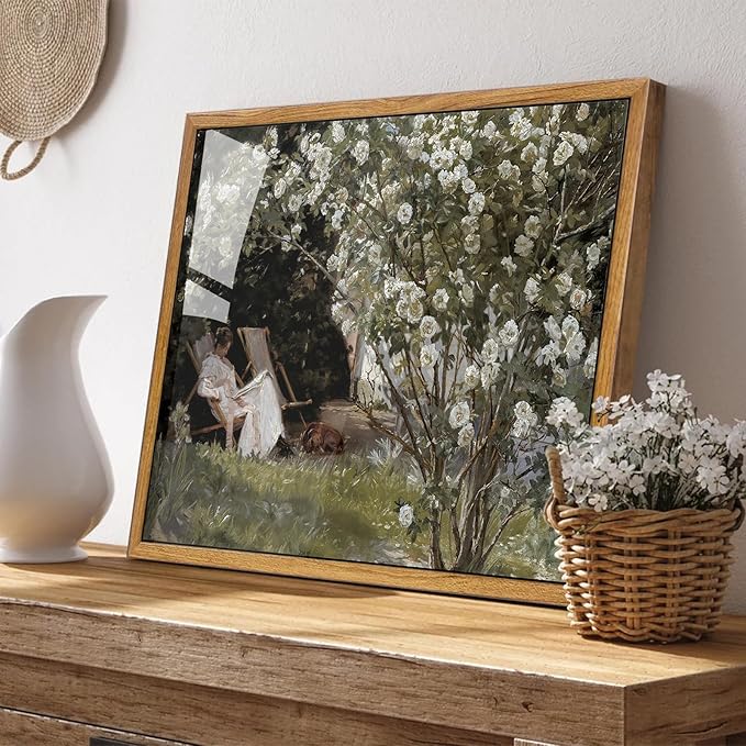 KBKBART Framed Vintage Canvas Wall Art, Retro French Country Garden Women Flower Classical Painting Bedroom Art Print, Rustic Vintage Wall Decor Ready To Hang for Bathroom, Living Room, Office,