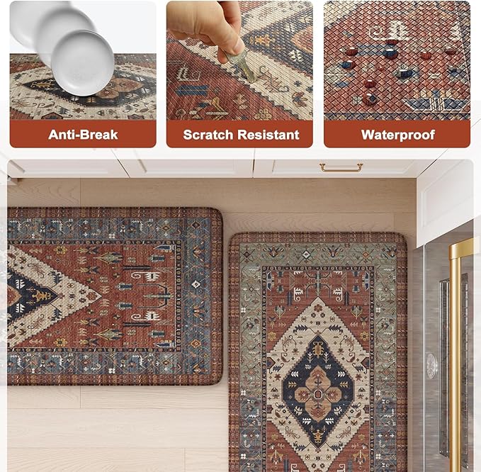 KIMODE Anti Fatigue Mat for Kitchen Floor, Boho Oriental Kitchen Rug, Non Slip Waterproof Kitchen Floor Mat, Vintage Kitchen Mat for Floor, Laundry, Office, Sink, Desk Red 20"x39"