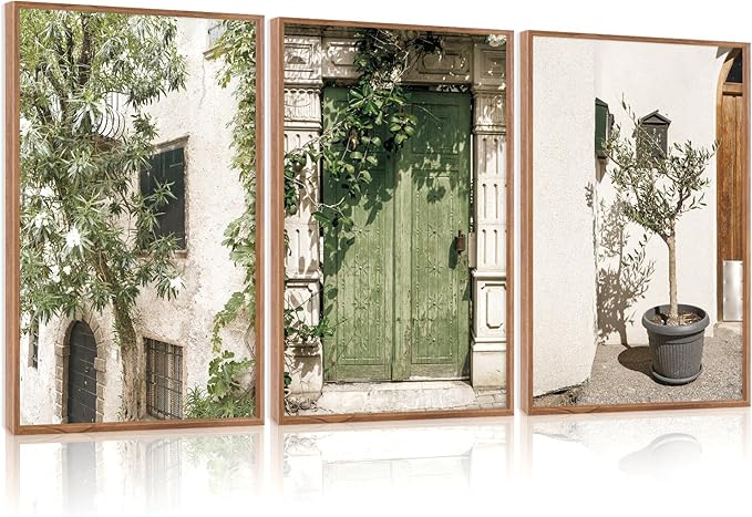 CHDITB Vintage Italy City Landscape Framed Canvas Wall Art Set, Mediterranean Door Wall Decor, Olive Green Cityscape Painting, Tree Old House Italian Art Print For Living Room Bedroom Office 16"x24"x3