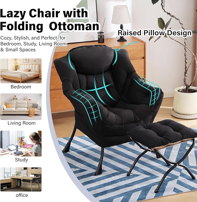 Modern Lazy Chair with Folding Footrest, Lounge Accent & Comfortable Reading Chair (Black)