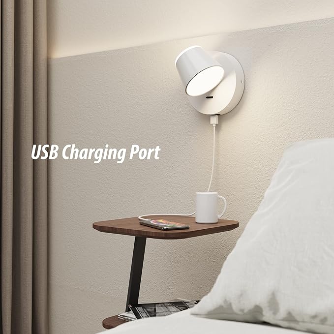URSOLA Wall Light LED Wall Sconce with On/Off Switch USB Charging Port 110 Volt Hardwired Wall Lamp 350 Rotatable Up Down Sconces Wall Lighting (White)