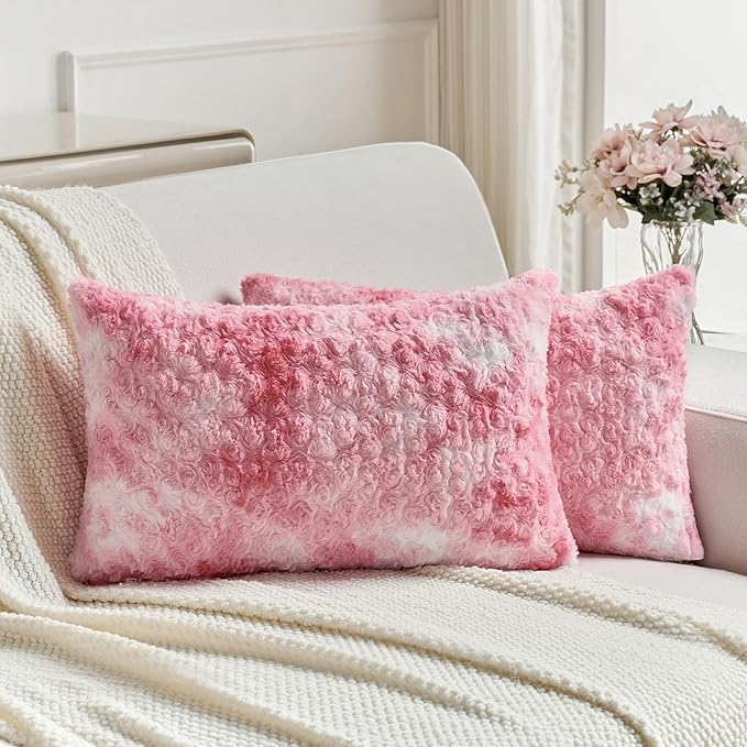 FUTEI Pink Decorative Throw Pillow Covers 12x20 Inch Set of 2,Soft Cozy Colorful Rose Swirl Texture Pillowcase,Modern Home Decor for Couch Sofa Bed Living Room