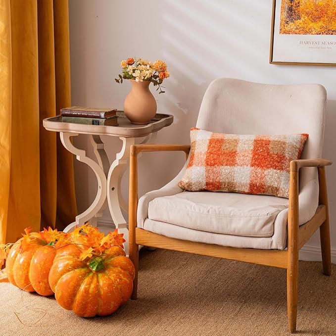 Orange Plaid Fall Throw Pillow Covers 12x20 Inch Set of 2, Boucle Decorative Pillow Covers,Cozy Fluffy Home Living Room Farmhouse Decor for Sofa Couch Bed