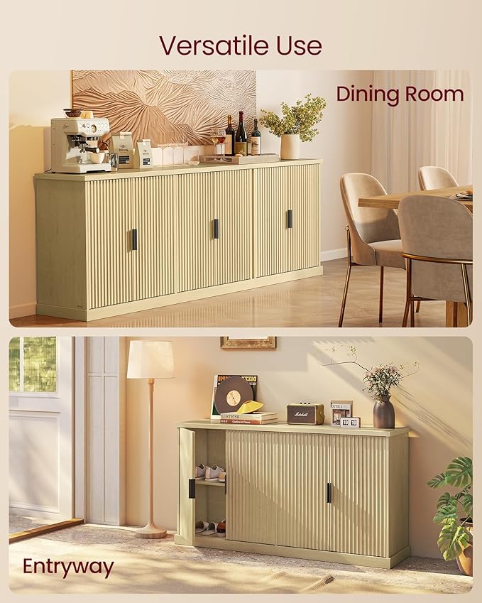 VASAGLE MAXE Collection - Transitional Buffet Cabinet, Console Cabinet, Sideboard with Adjustable Shelves, Fluted Doors, Buffet Table, Kitchen Pantry, Oak Beige UBBK382Y01S