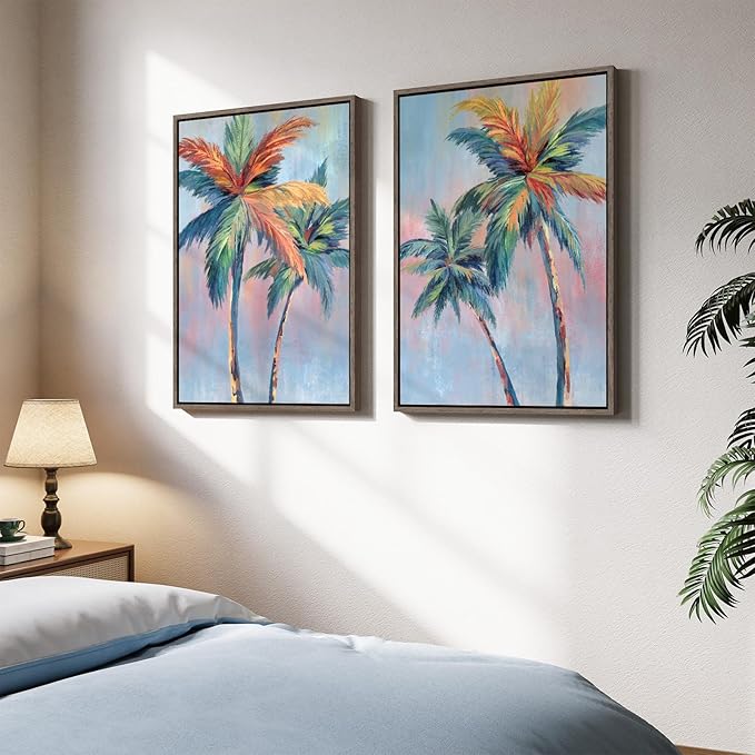 Framed Colorful Coastal Wall Art for Living Room Decor, Large Tropical Beach Palm Tree Canvas Artwork for Walls, 2 Piece Pop Paintings Prints for Hallway Bedroom Office Salon Wall Decor, 24x36 Inch