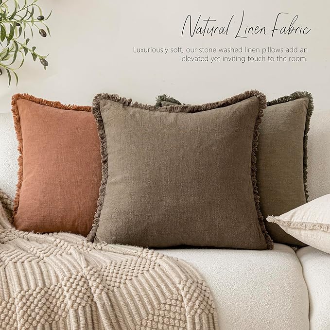 Foindtower Set of 2 Decorative Linen Fringe Throw Pillow Covers Cozy Farmhouse Boho Cushion Cover with Tassels Soft Accent Pillowcase for Couch Sofa Bed Living Room Home Decor 20×20 Inch Light Brown