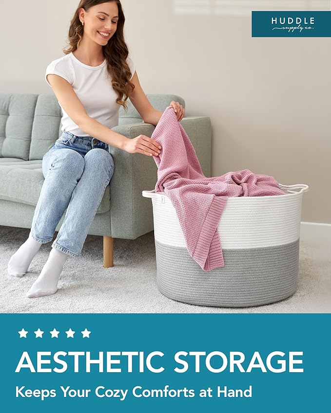 XXXXL WASHABLE Jumbo 125L Extra Large Blanket Basket, Woven Decorative Cotton Rope Basket with Handles for Laundry, Living Room, Baby Toys Nursery, Storage, Organization Bins 24" x 17" (Grey & White)