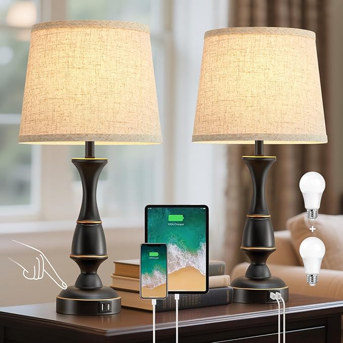 Luvkczc Touch Table Lamps Set of 2, 22" Tall Bedside Lamps with Dual USB A Ports, 3 Way Dimmable Nightstand Lamps for Bedroom, Living Room, Office, Black Lamps with Beige Lampshade, Bulb Included