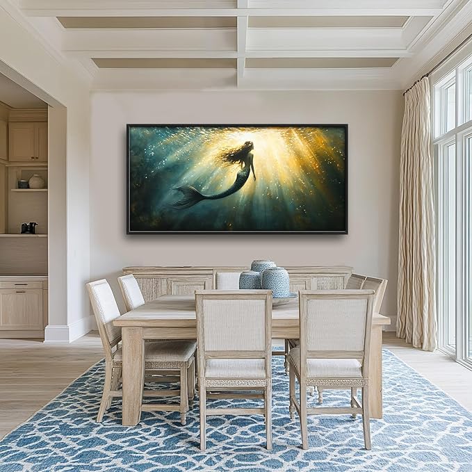 Olivine Mermaid Wall Art, Ocean Pictures Wall Decor, Coastal Painting, Marine Life Canvas Prints, Framed Artwork for Bathroom Bedroom Living Room Office Home Decoration 60"x30"