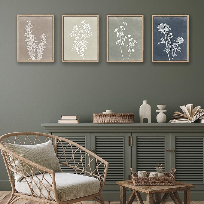 Framed Boho Wall Art Set of 4 for Wooded Minimalist Botanical Print Wall Art for Rustic Vintage Farmhouse Home Kitchen Wall Decor (Brown, 16"x20")