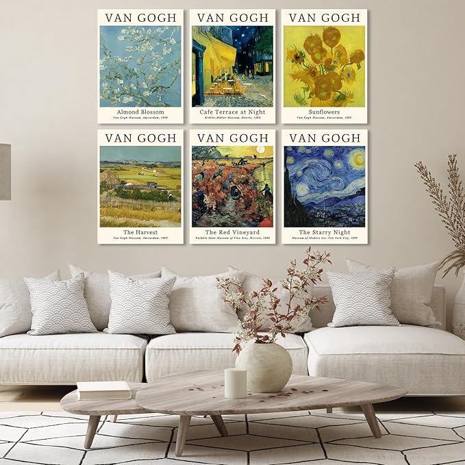 COSCTOR Set of 6 Vincent Van Gogh Wall Art Decor Canvas Vintage Retro Famous Artist Colorful Posters and Prints for Living Room Bathroom Bedroom Hallway Kitchen (Framed, 9x12)