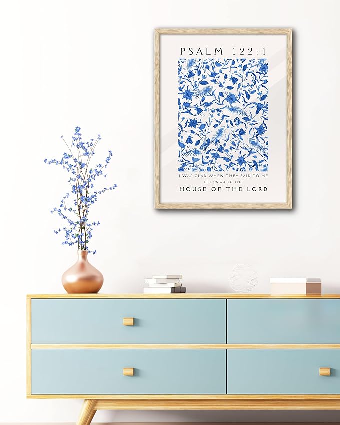 EcoHest OAK Wood Jesus Framed Wall Art, 12x16in Psalm 122:1 Bible Verse Christian Wall Art, Modern Blue Bedroom Decor For Living Room Bathroom Religious Gift 1Pack