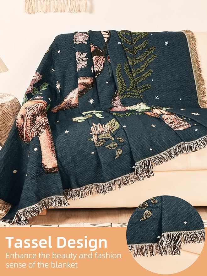 Boho Throw Blanket for Bed Couch Sofa Reversible Cotton Bohemian Travel Boho Quilt Mexican Muslin Blanket Tapestry Hippie Room Decor Outdoor Blanket Double Sided (Mushroom 60"x80")