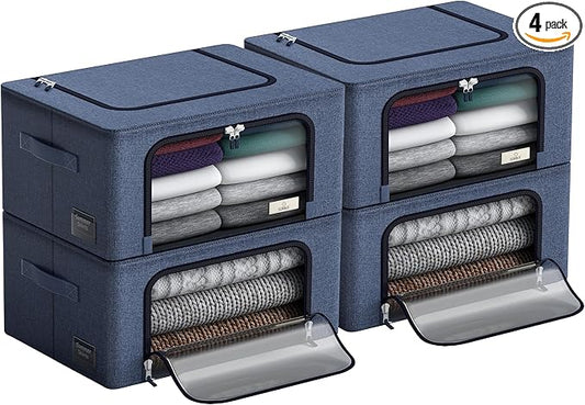 Sorbus Storage Bins with Metal Frame - Stackable & Foldable Clothes Organizer Bags - Oxford Fabric Storage Containers with Large Clear Window & Carry Handles, Bedroom Organization for Bedding & Linen