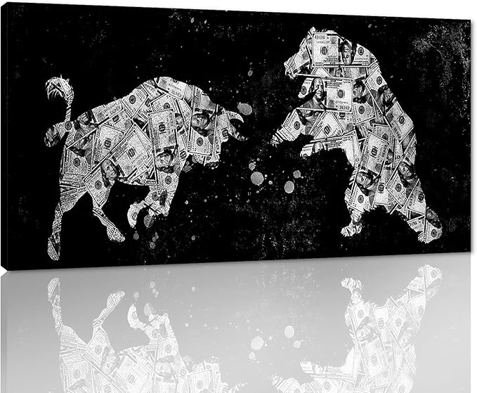 Motivational Office Wall Art Creative Bull & Bear Money Canvas Artwork Inspirational Wall Decor Black White Animal Print Modern Home Decorations for Guest Room Rest Room, Framed 40x20 inches