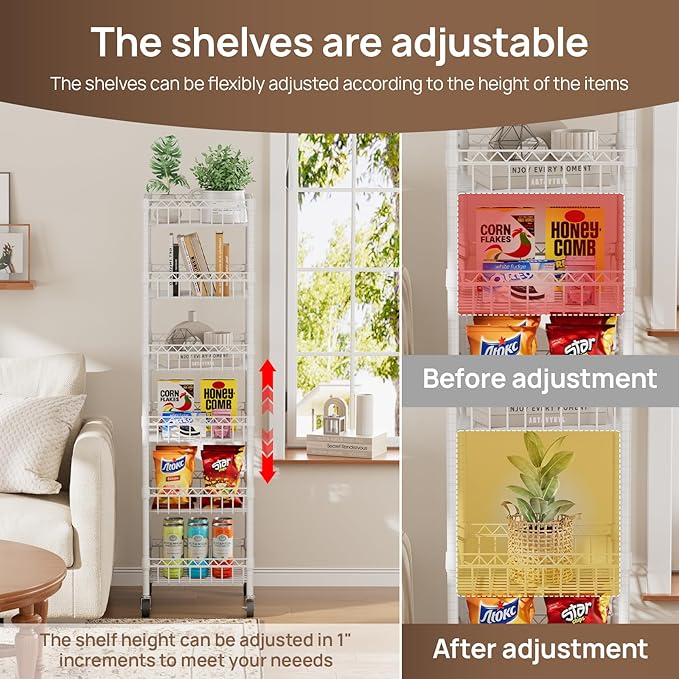 6 Shelves Storage Shelf Wire Closet Bathroom Organizers Metal Pantry Kitchen Garage Shelving Unit Laundry Room Organization Home Rack Net Basket White with Wheels 14" Dx14 Wx64.8 H