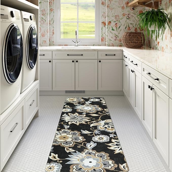 Lahome Floral 2x5 Washable Rug Runner - Black Entryway Runner Rug Non-Slip Ultra-Thin Stain Resistant Kitchen Rug Runner, Paisley Print Accent Carpet Runners for Hallway Bedroom Laundry Living Room