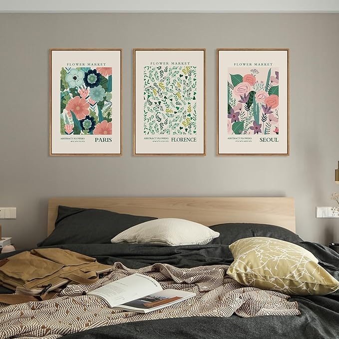 HPINUB Flower Market Framed Canvas Wall Art Set, Colorful Botanical Flowers Wall Decor,Modern Floral Boho Art Print for Living Room, Bedroom Office Decor-16 x24 x3