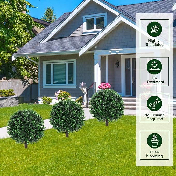 Artificial Green Boxwood Topiary Ball Bush for Outdoor with Spike, Set of 2 UV Resistant Faux Boxwood Ball Tree with Stake Weatherproof Fake Round Topiary Shrub Plant for Front Porch