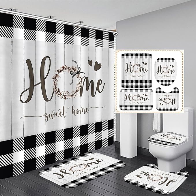 FZDHHY Black and White Shower Curtain Set Home Sweet Home Bathroom Sets with Rugs,Rustic Plaid Bathroom Shower Curtain Set with Carpet Bath Mat Toilet Rugs