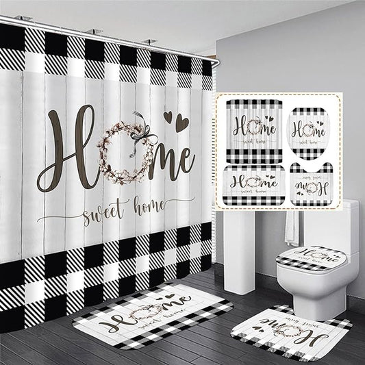 FZDHHY Black and White Shower Curtain Set Home Sweet Home Bathroom Sets with Rugs,Rustic Plaid Bathroom Shower Curtain Set with Carpet Bath Mat Toilet Rugs