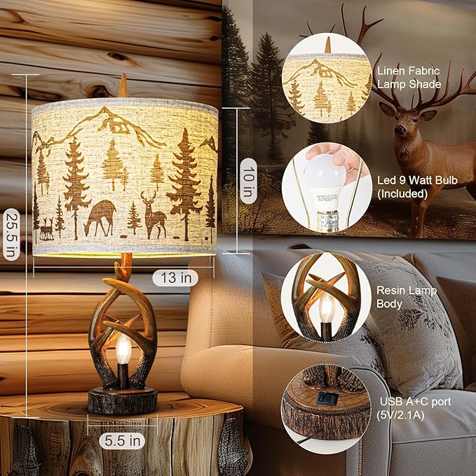 Farmhouse Deer Antler Table Lamp Set of 2 For Living Room with USB Ports, Rustic Bedside Lamp with Nightlight For Bedroom, linen Fabric Shade Vintage Nightstand Lamps For Hotel Bar Country House