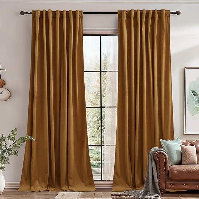 StangH Gold Brown Light Blocking Velvet Curtains W62x L90 inches for Nursery, Solid Back Tab Drapes Temperature Regulate Door Curtains for Wardrobe Noise Reducing for Sliding Door, 2 Panels