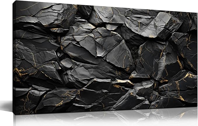 Black Stone with Golden Veins Canvas Wall Art for Living Room, Smooth Flat Rocks Picture Wall-Decor for Bedroom, Canvas Printed Artwork Decoration for Office, Size 40x20 Inches (Not 3D or Textured)
