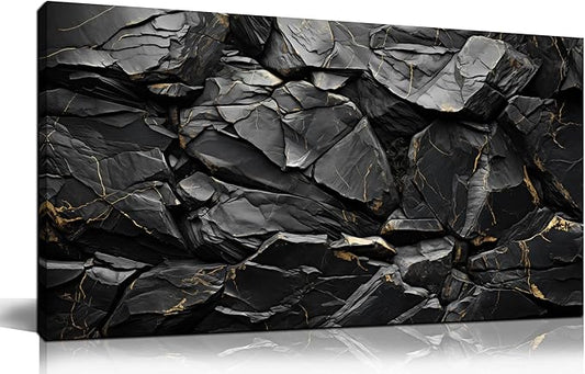Black Stone with Golden Veins Canvas Wall Art for Living Room, Smooth Flat Rocks Picture Wall-Decor for Bedroom, Canvas Printed Artwork Decoration for Office, Size 40x20 Inches (Not 3D or Textured)