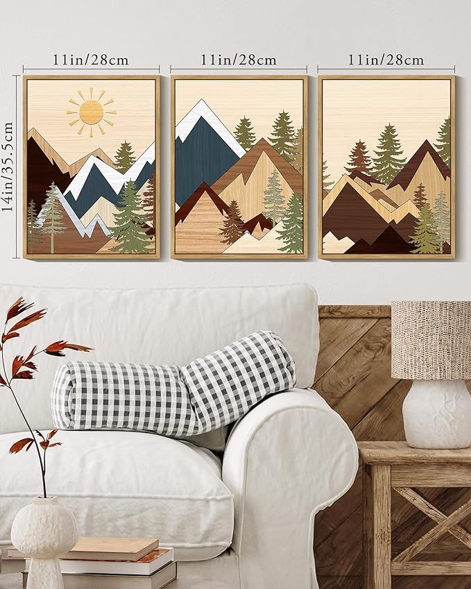 KUVIOKE Morden Mountains Pine Tree Forest Framed Wall Art Sunrise Boho Nature Landscape Artwork Bohemain Farmhouse Bedroom Living Room Decor 11x14in (Natural Framed)