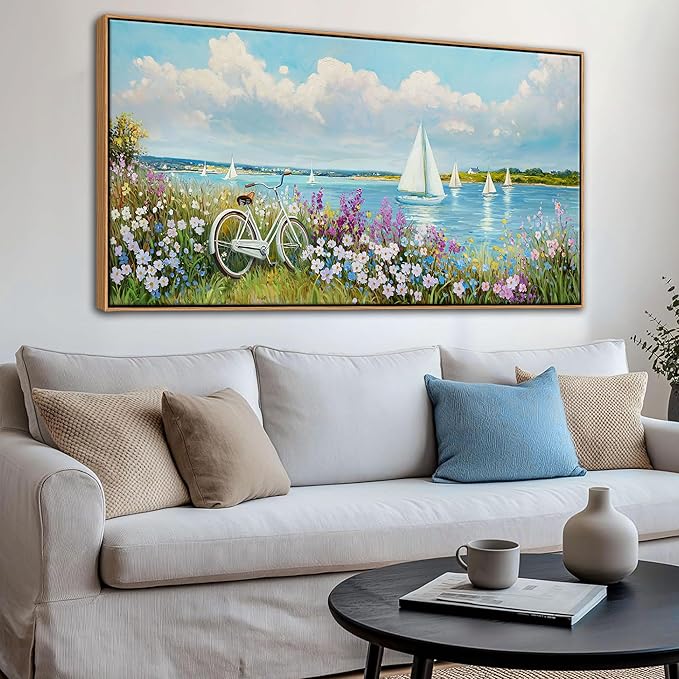 Pogusmavi Coastal Sailboat Wall Art Beach Pictures Landscape Flower Farmhouse Blue Paintings for Living Room Bedroom Decor Large Canvas Artwork Framed Prints Coastal Wall Art Prints20×40IN