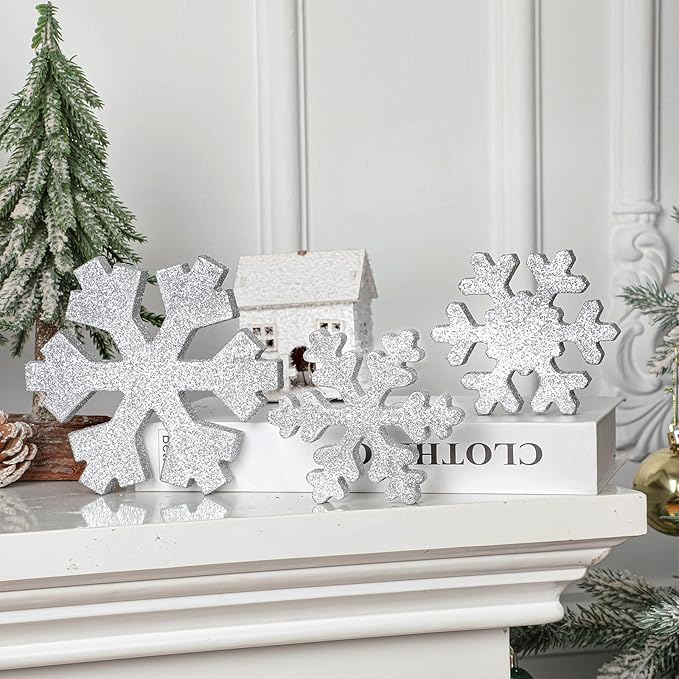 Bucherry 3 Pcs Winter Wooden Snowflake Decor Rustic Winter Snowflake Table Signs Wonderland Wood Blocks Farmhouse Christmas Tiered Tray Decorations for Xmas Table Shelf(Glitter Gray)