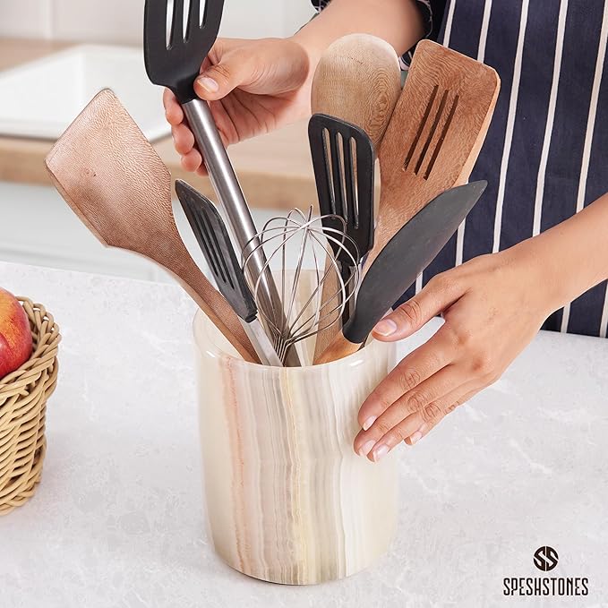 Marble Utensil Holder 6.5 Inch White Onyx Stone Cooking Utensil Crock for Countertop Storage, Modern Utensils Caddy, Spoon & Spatula Organizer for Farmhouse Kitchen Decor