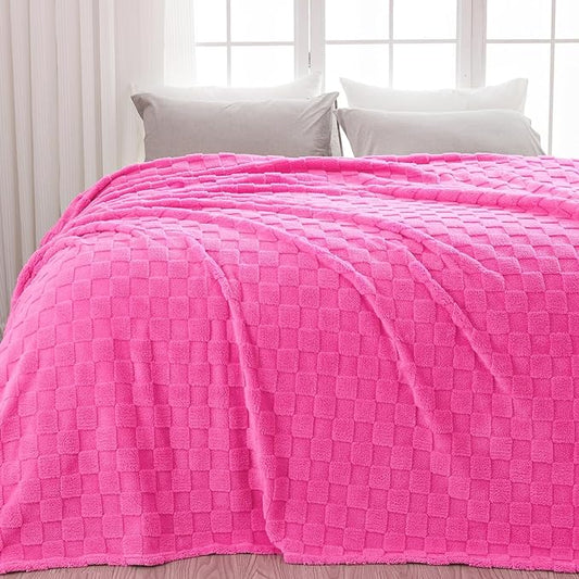 NEWCOSPLAY Super Soft Queen Blanket Hot Pink Premium Silky Flannel Fleece 3D Checkered Lightweight Bed Blanket All Season Use (Hot Pink Checkered, Queen(90"x90"))