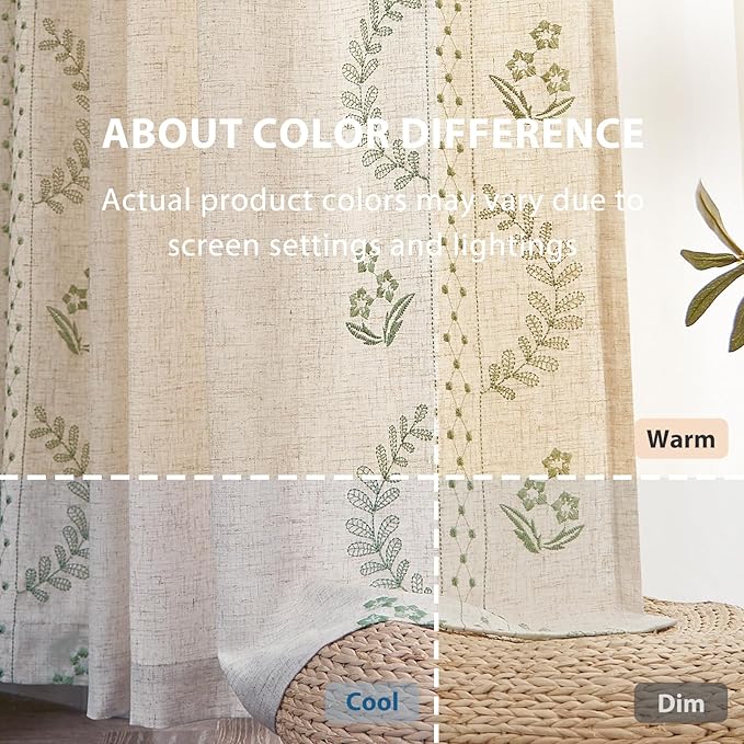 jinchan Belrose Linen Curtains for Bedroom Floral Curtains 63 Inch Length Sage Green Embroidered Drapes Farmhouse Flower Patterned Drapes for Living Room Window Treatments Sets 4 Panels
