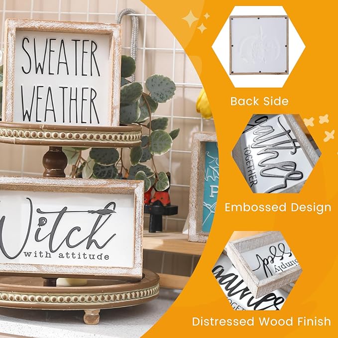 Embossed Sweater Weather Sign, Rustic Fall Decorations for Home, Fall Centerpieces for Table Cubicle Desk Mantel Fireplace, Autumn Tiered Tray Decor