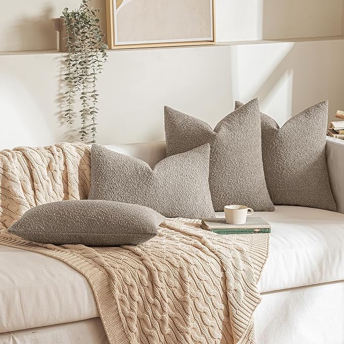 MIULEE 22x22 Inch Decorative Euro Sham Throw Pillows for Bed Set of 2 Textured Boucle Neutral Throw Pillow Covers Light Taupe Accent Solid Euro Couch Pillowcase Cozy Soft Sofa Livingroom Home Decor