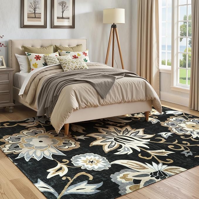 Lahome Floral Black Rug for Living Room - Washable 5 x 7 Area Rugs for Bedroom Non-Slip Ultra-Thin Large Rug Stain Resistant Dining Room Rugs, Paisley Print Accent Rugs Carpet for Office Kitchen