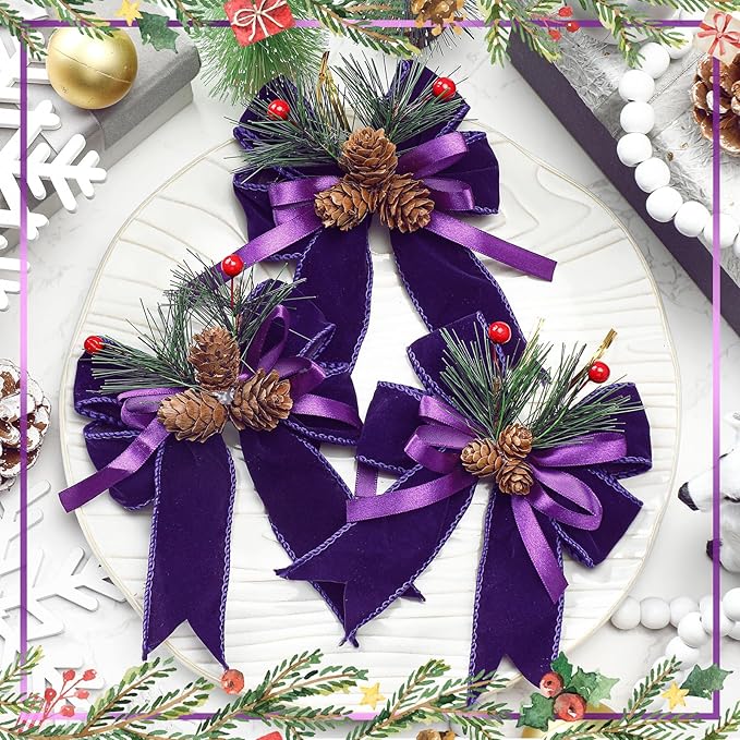 Syhood 6 Pcs Christmas Bows with Pine Cones Pine Needles Xmas Velvet Bows Purple Velvet Ribbon Christmas Tree Wreath Decoration for Xmas Parties Indoor Outdoor Crafts DIY Decor