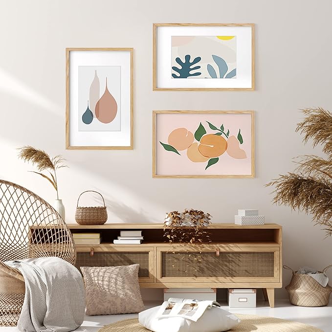 11x17 Picture Frame Set of 3, Solid Oak Wood Photo Frame 11"x17", 11 by 17 Poster Frames for Wall, 11 x 17 Frame with Mat for 8 x 12, Tempered Real Glass, 11x17 Inch Wood Frame (Oak Color, 3 Pack)