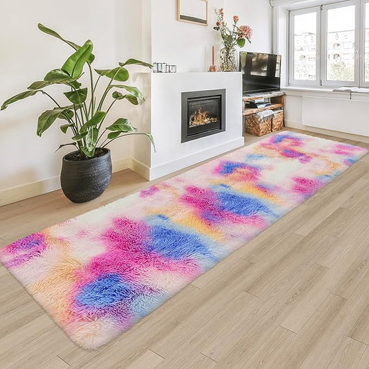 Fluffy Colorful Rug for Bedroom 2x8 ft Kawaii Tie-Dyed Area Rug Non Slip Cute Unicorn Kids Runner Rug for Girls Princess Teens Living Room Playroom Baby Nursery Decor Carpets
