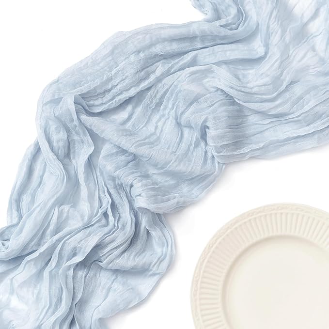 Ling's Moment 14Ft Dusty Blue Cheesecloth Table Runner Boho Chic Gauze Semi-Sheer Tablecloth for Wedding Celebrations for Baby Shower Decorations