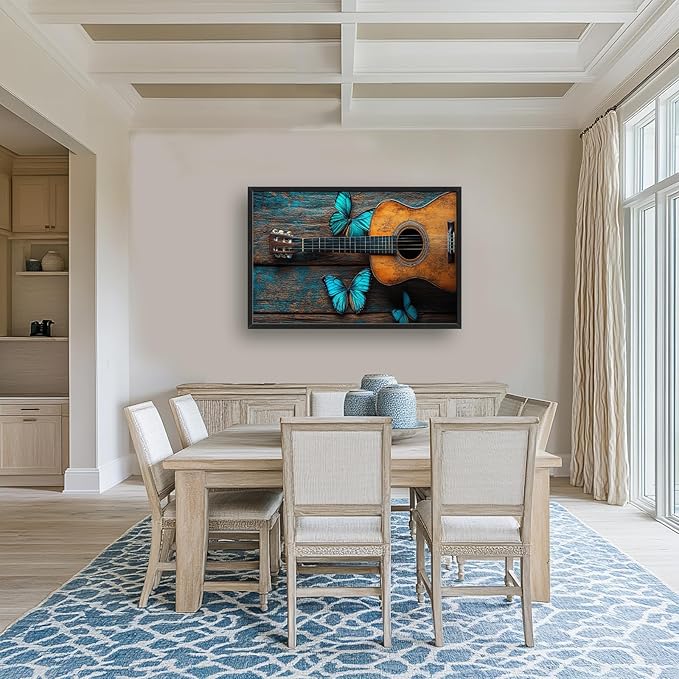 Olivine Music Wall Art, Guitar Pictures Wall Decor, Butterfly Painting, Vintage Musical Instruments Canvas Prints, Framed Artwork for Bathroom Bedroom Living Room Office Home Decoration 36"x24"