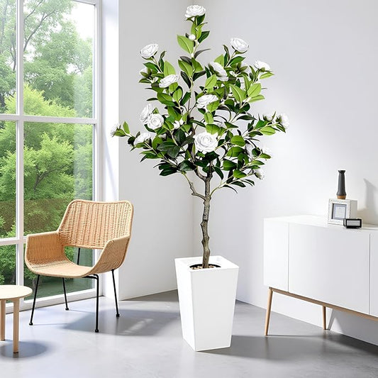 5Ft Artificial Camellia Tree in White Pot, White Faux Plant Indoor Outdoor (61"), Tall Flower Plant for Porch & Living Room Office Decor