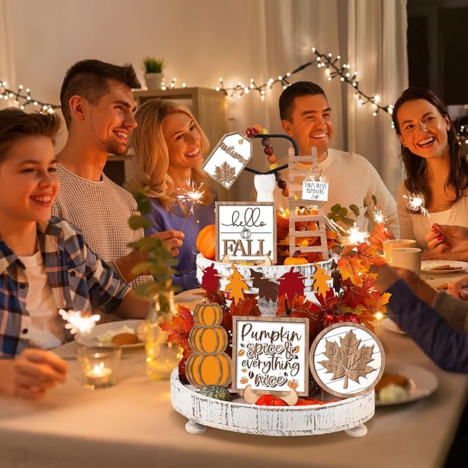 Maitys 13 Pcs Fall Tiered Tray Decor Set Thanksgiving Pumpkin Gnome Rustic Farmhouse Decoration Autumn Decor Autumn Harvest Decorative Trays Wooden Tabletop Signs for Home Kitchen(Rustic Style)