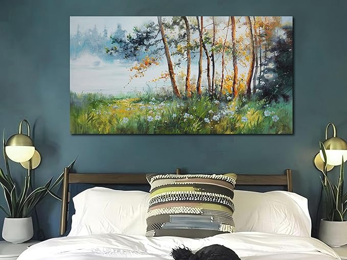 Ardemy Tree Wall Art Canvas for Living Room Landscape Textured Green Forest Painting Nature Flower Picture Bedroom Teal Scenery Artwork Framed Kitchen Home Office Wall Decor, Large 48"x24"