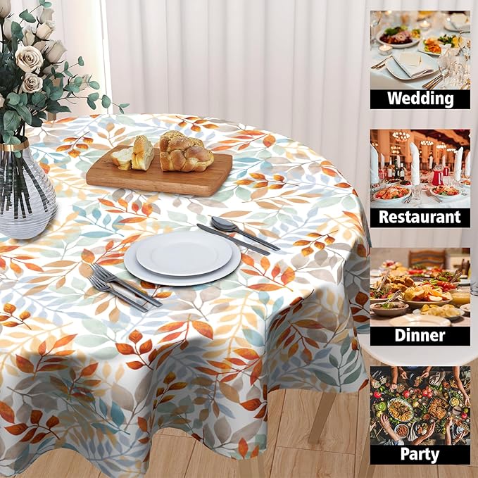 Fall Round Tablecloth 60x60 Inch Fall Leaves Tablecloth Circular Autumn Thanksgiving Round Table Cloth Washable Tabletop Autumn Leaves Table Cover for Seasonal Holiday Home Kitchen Dining Party Decor