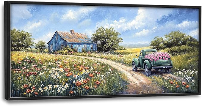 Flintis Large Farmhouse Barn Framed Wall Art Country Green Truck Flowers Pictures Wall Decor Abstract Canvas Painting Print Artworks Decor Framed for Living Room Bathroom Master Bedroom 60L X 30W